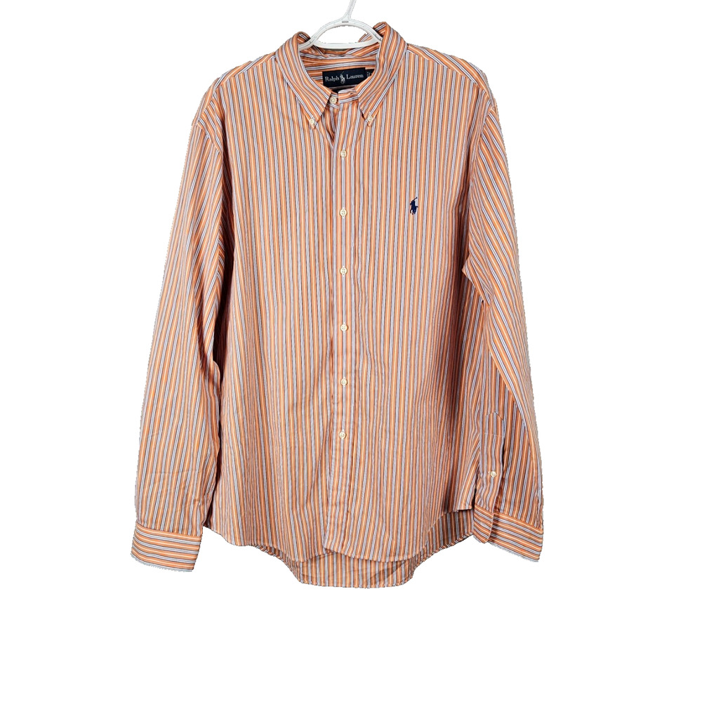 Ralph Lauren Mens Orange Striped Button Dress Shirt Size XL Pony Blue Custom Fit